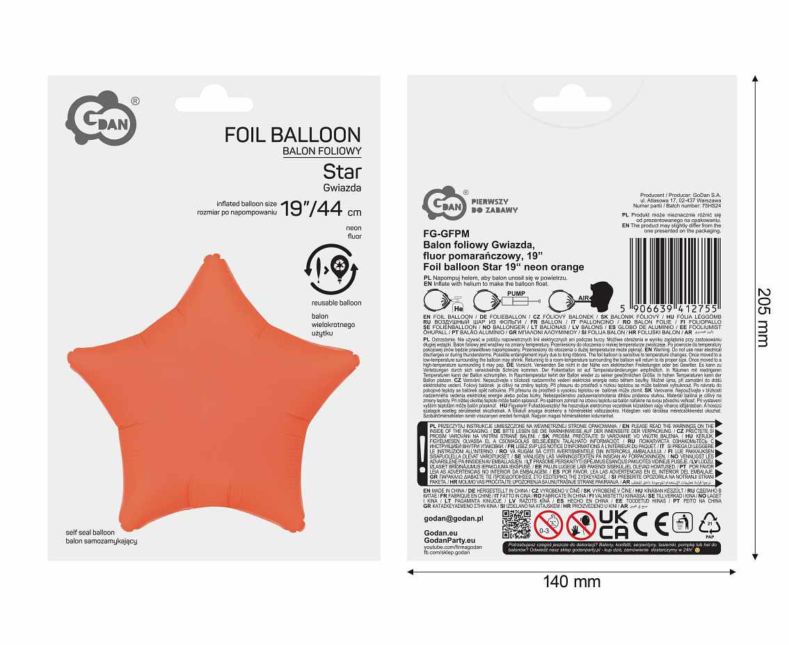 Foil balloon Star 19“ neon orange